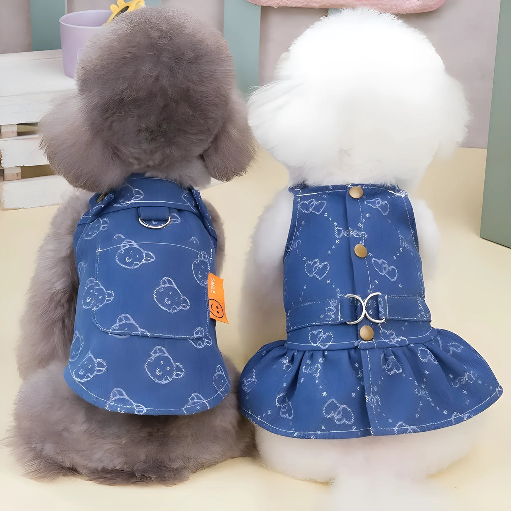 Blue denim princess dress for small dogs with bracket skirt design, suitable for spring and autumn seasons