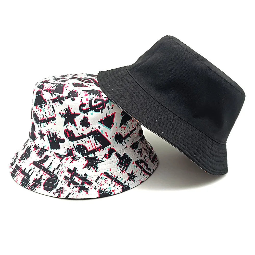 Retro musical note print bucket hat on a white background, dome crown, M size 56-58cm.
