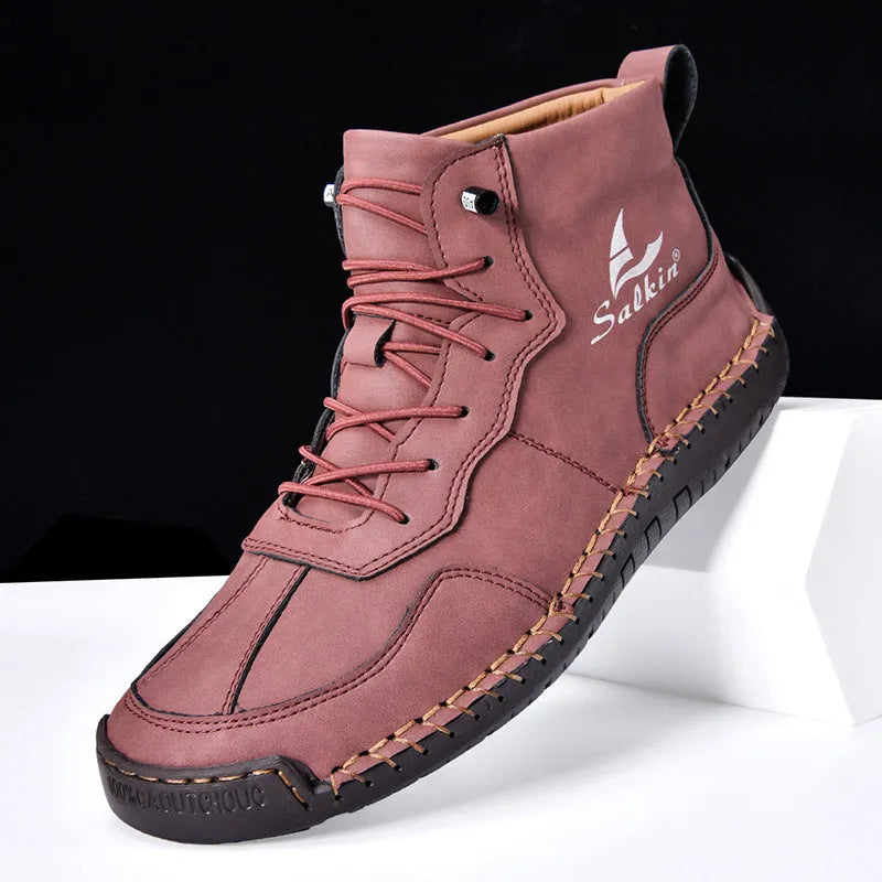 Men's high-top casual boots in artificial PU leather with elastic band and round toe design