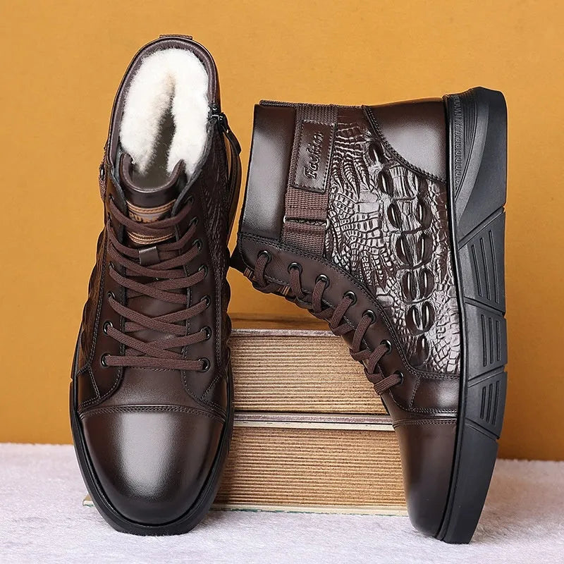 Men's black genuine leather snow boots with rubber soles and front lace-up closure