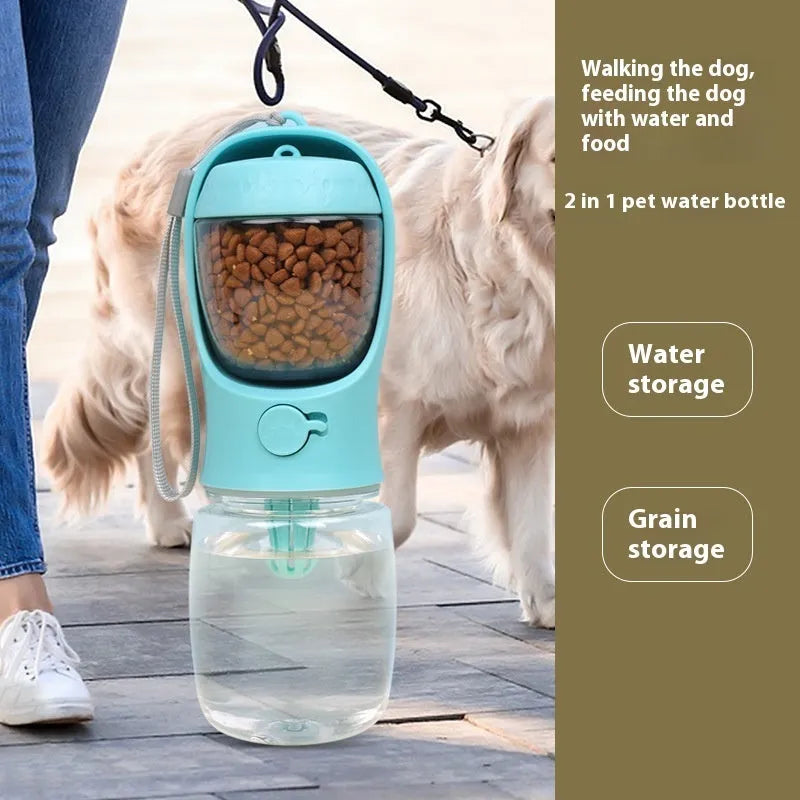 Blue portable plastic dog water bottle with attached drinking cup for walks