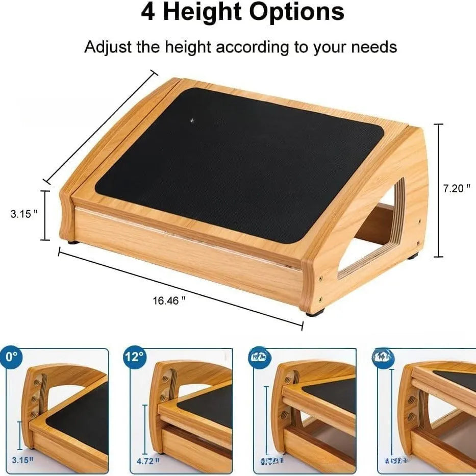 Wooden adjustable bamboo office desk footstool in natural wood colour, modern simplicity style.