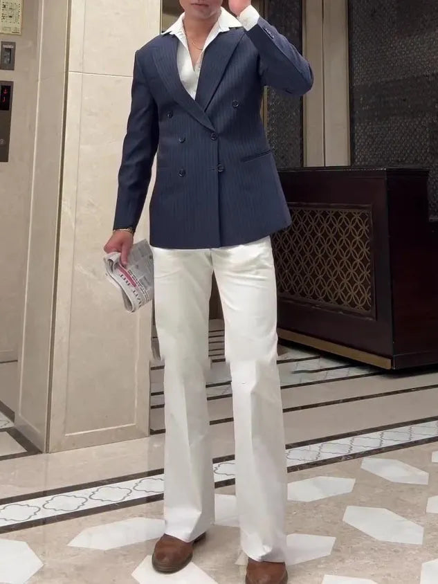 Men's striped double breasted blazer in regular fit with polyester material