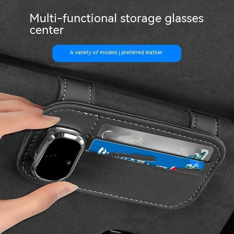 Genuine cowhide leather car sun visor holder with clip for sunglasses, shown in a selection of colours.