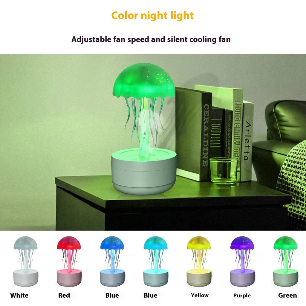 White jellyfish-shaped humidifier and essential oil diffuser with colourful night light on wooden desk
