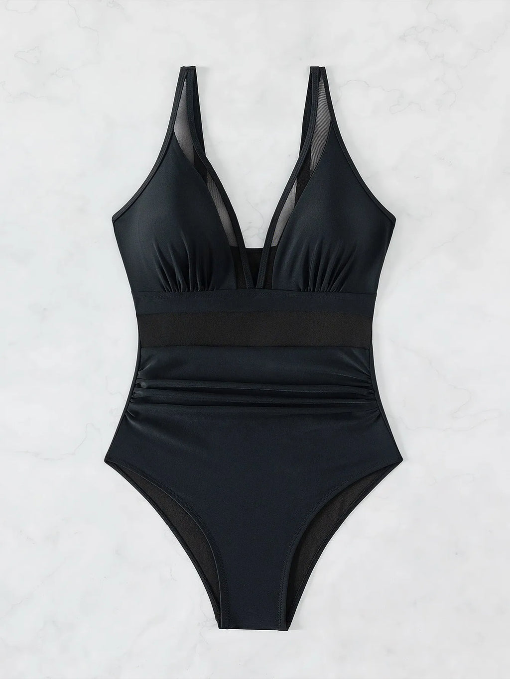 Black women's one-piece halter swimsuit with mesh detailing and brief-style bottom.
