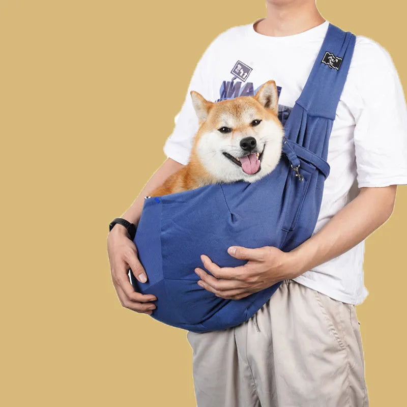 Foldable cat carrier backpack in messenger bag style with breathable mesh panels, shown in multiple colours.