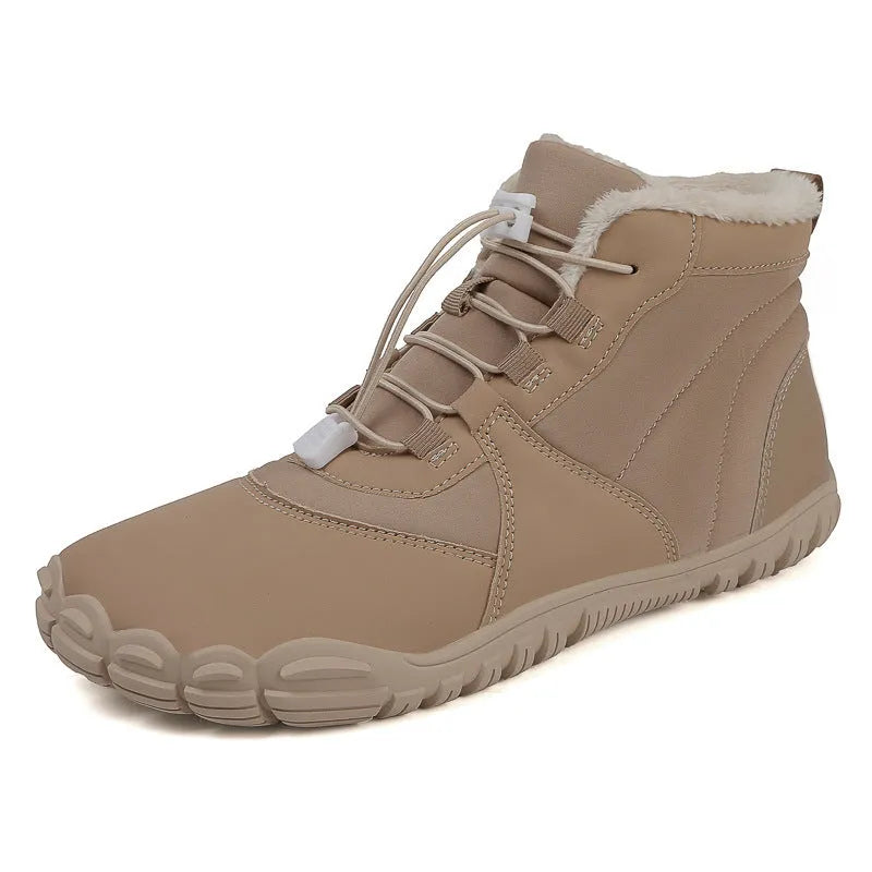 Waterproof insulated snow boots with lace-up front, round toe, and non-slip rubber soles