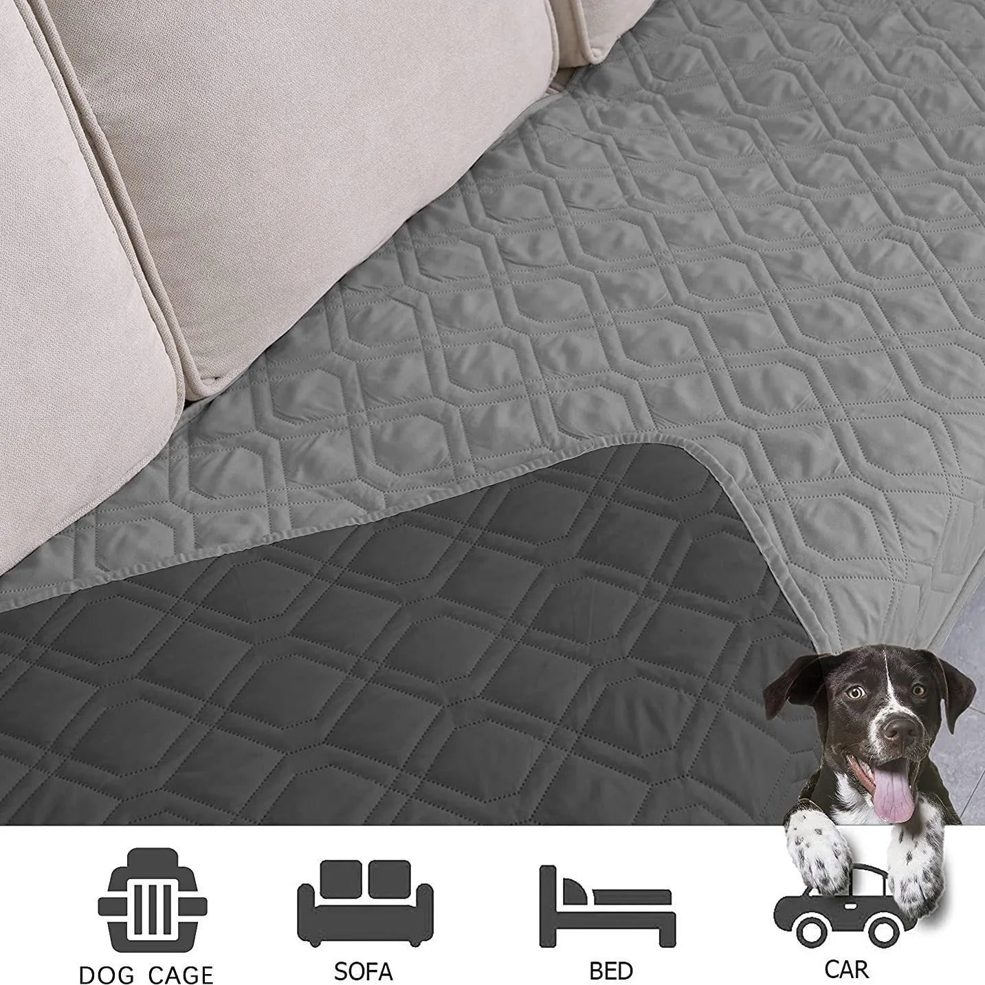 Reversible waterproof dog blanket on sofa showing two colour options, protecting furniture from pet accidents