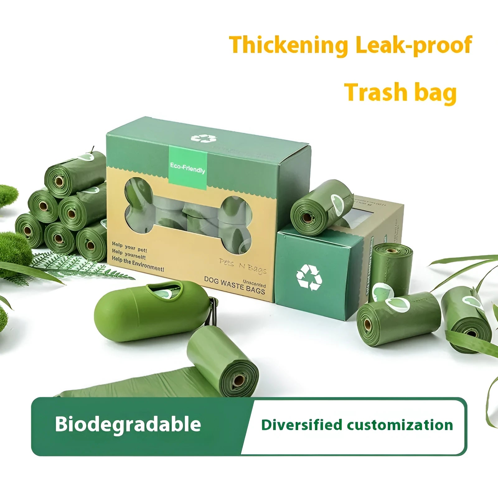 Roll of EPI degradable green dog poo bags next to a time-capsule-style dispenser on a grass background.