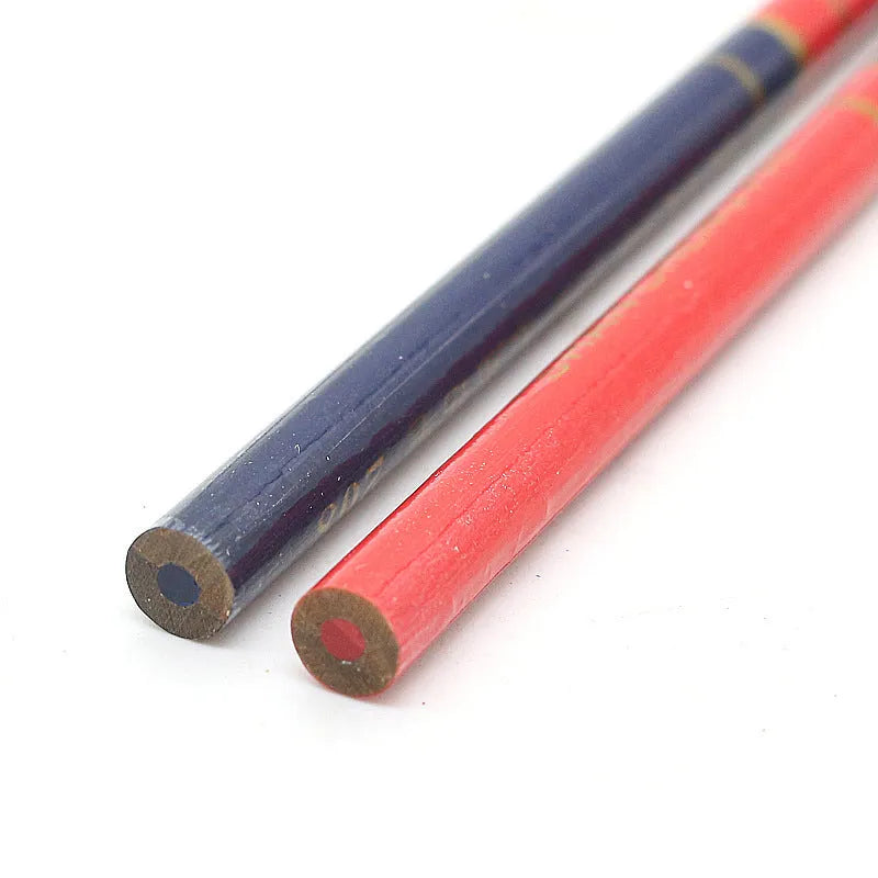 Ten red and blue two-colour carpenter's pencils with round wooden construction