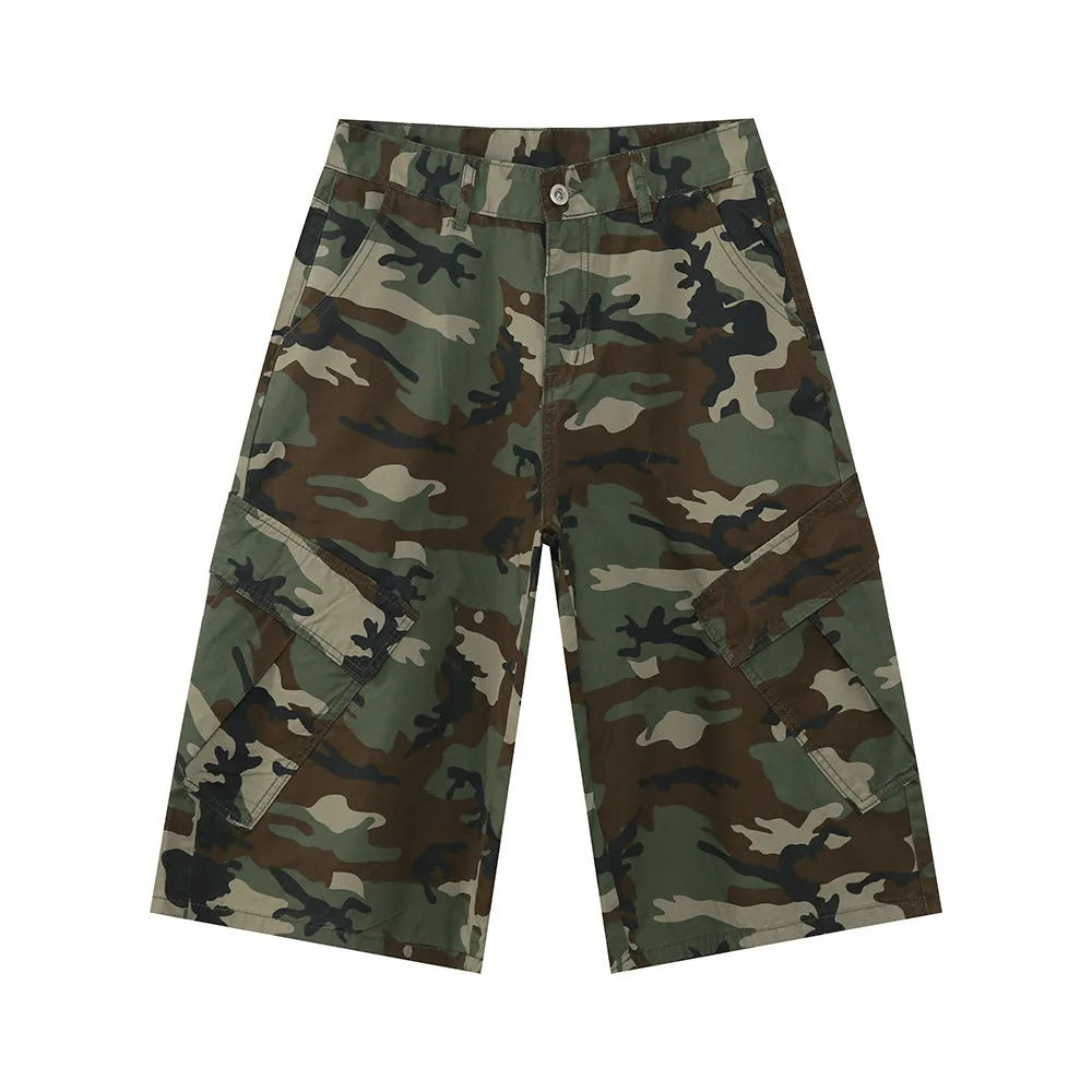 Men's camouflage cotton cropped jeans with cargo pockets and wide leg loose fit