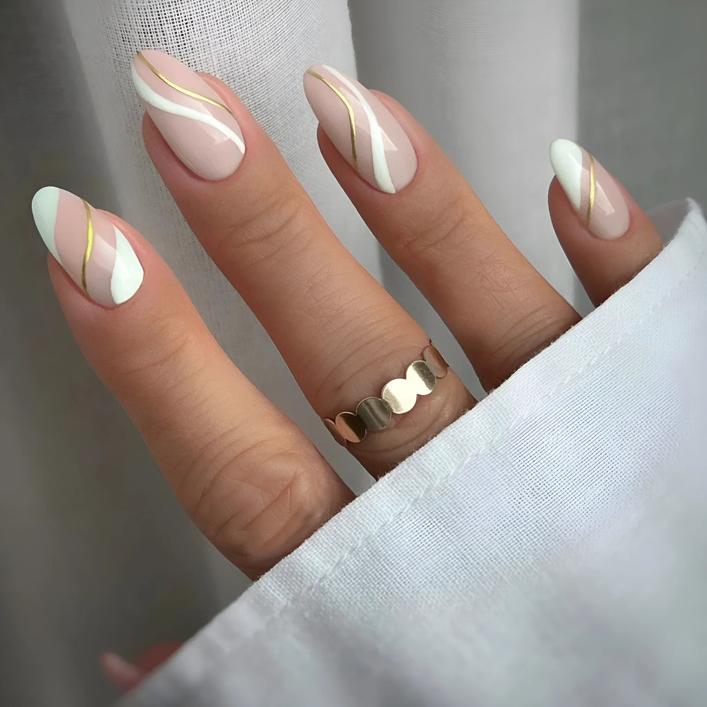 Golden Lines plaid pattern wearable nail stickers with jelly glue for medium drop-shaped fingernails.