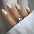 Golden Lines plaid pattern wearable nail stickers with jelly glue for medium drop-shaped fingernails.