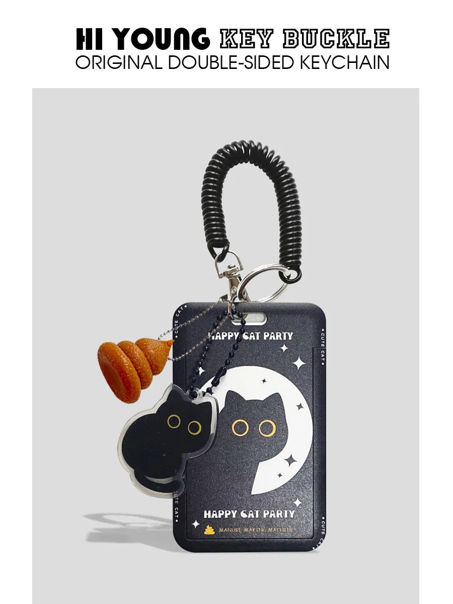 Cute little black cat cartoon plastic card holder with a metal ferrule pendant attached.