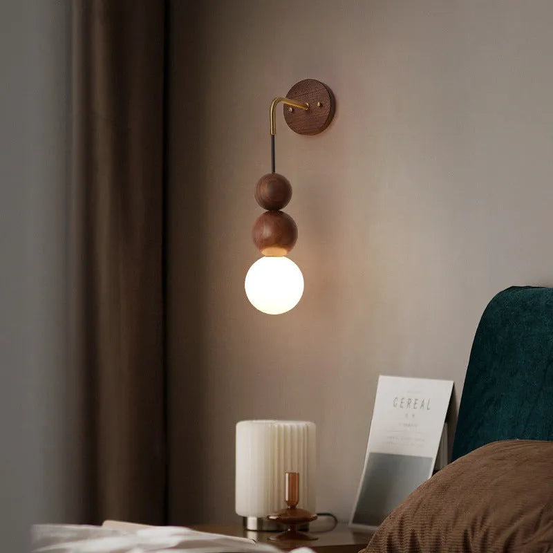 Walnut wood and copper wall lamp with suspension wire and tricolour lighting