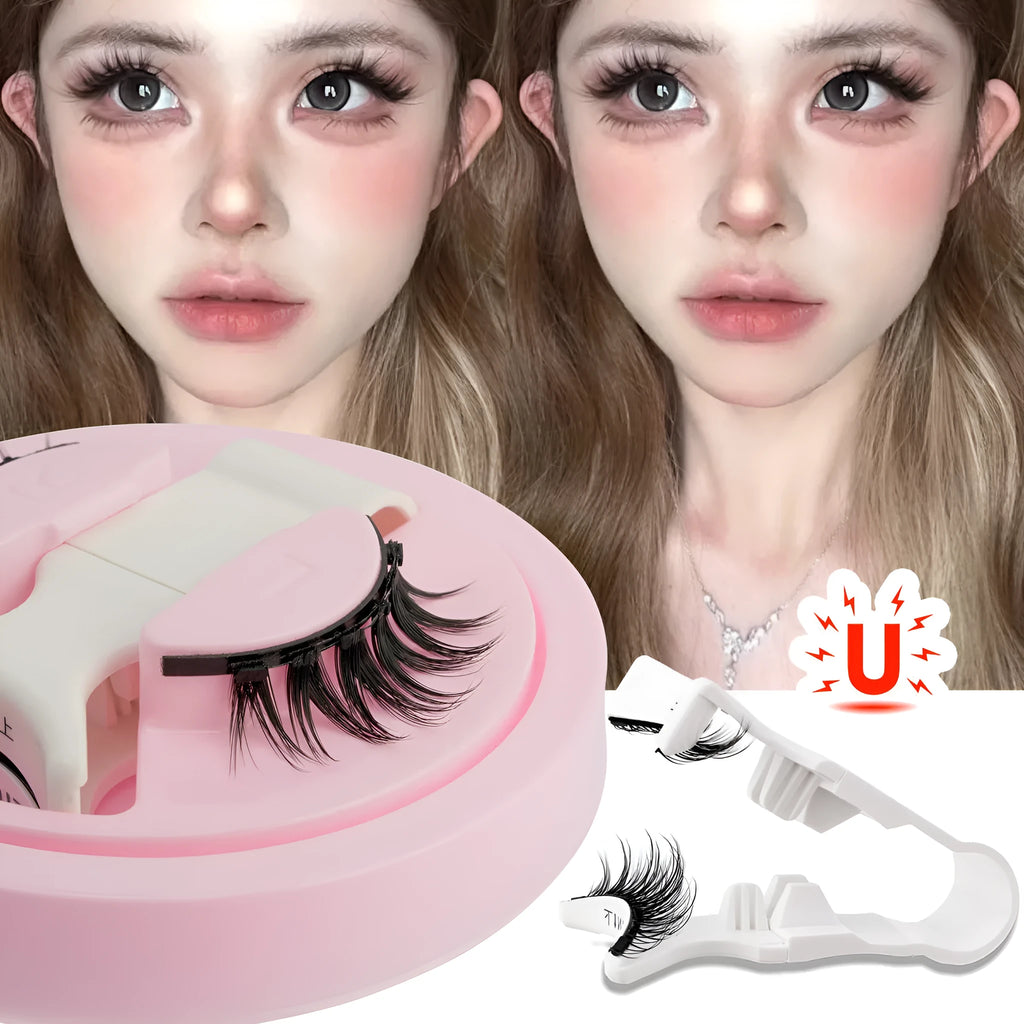 Set of five thick, black, waterproof reusable false eyelashes with glue-free bands.