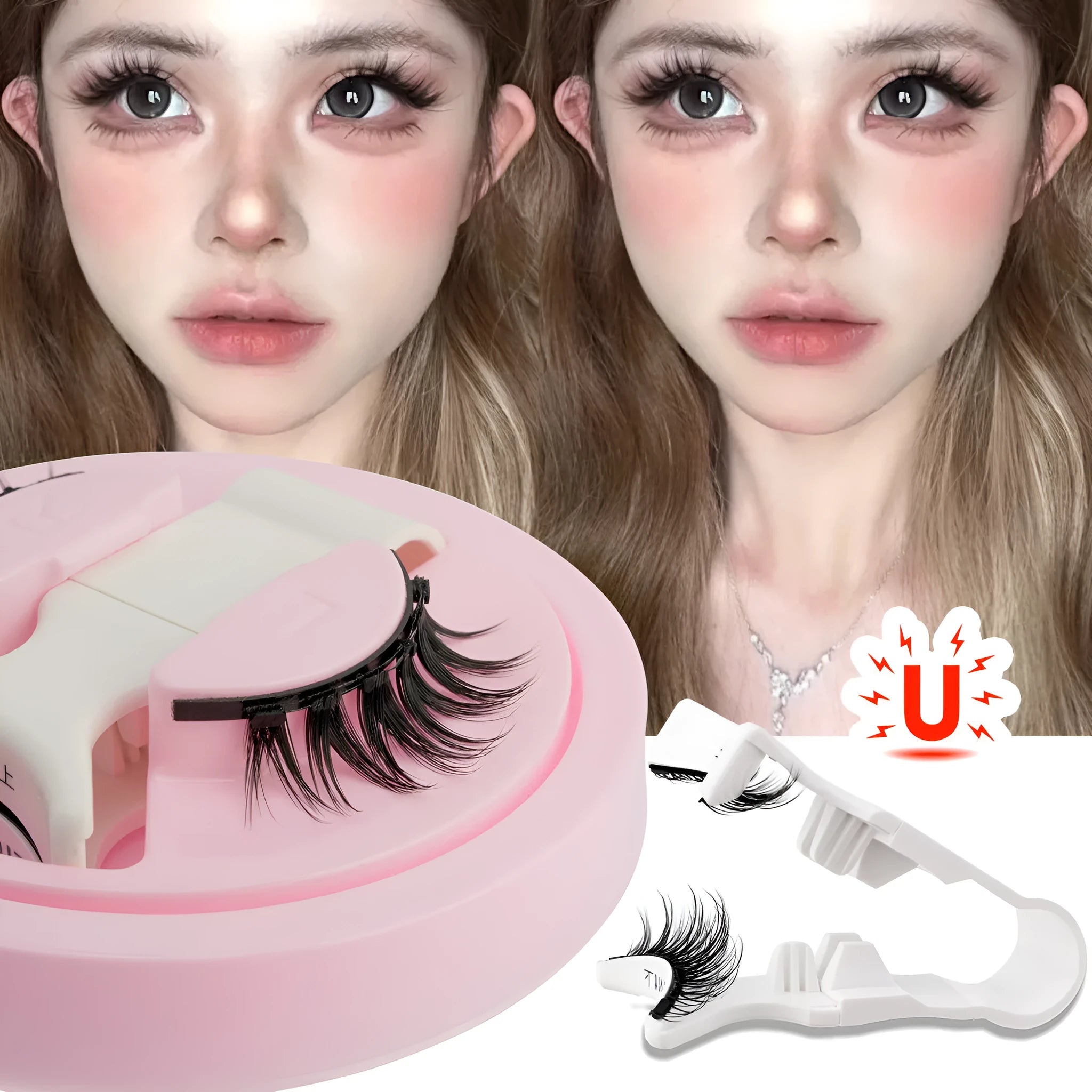Set of five thick, black, waterproof reusable false eyelashes with glue-free bands.