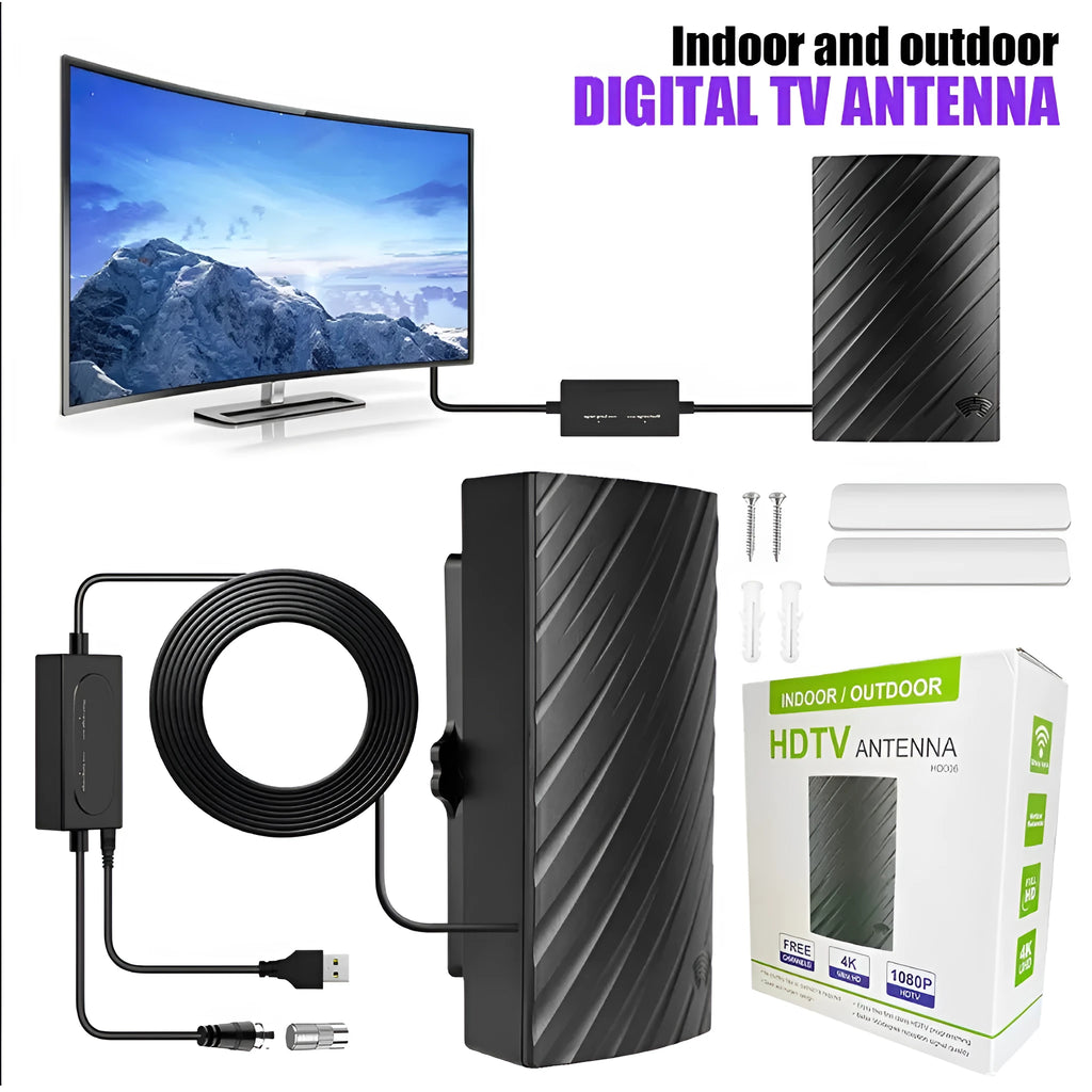 Black plastic digital television antenna with mounting accessories including screws, expansion tubes, cable ties, and adhesive tape