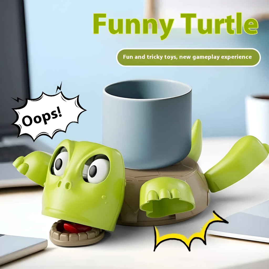 Turtle-shaped ABS plastic coaster in light green on a wooden table.
