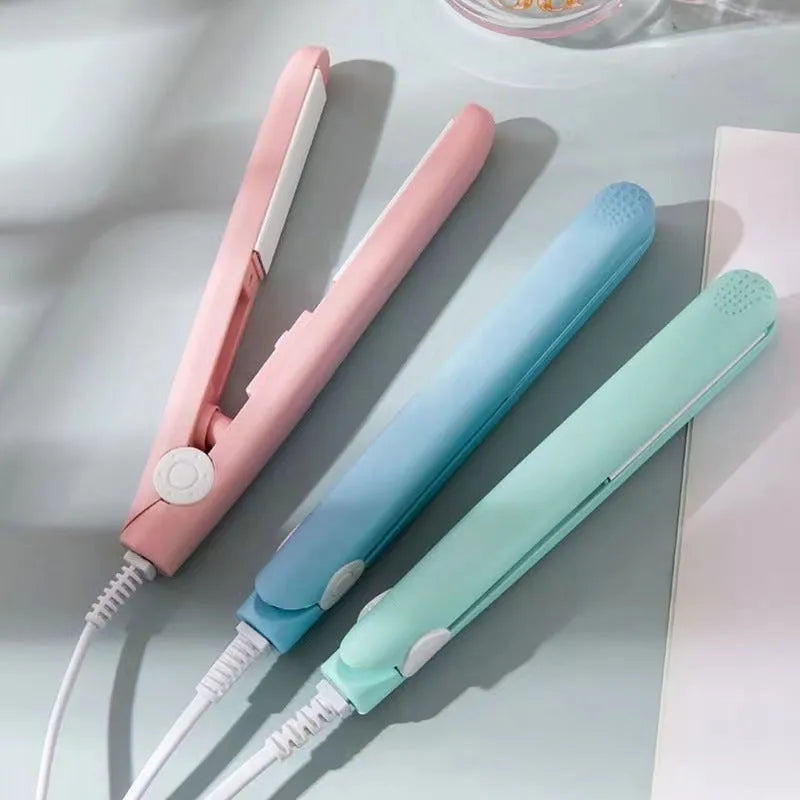 Mini hair straightener and curler for bangs styling in a choice of colours with a storage box.