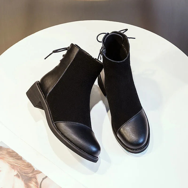 Black women's knee-length Martin boots with side zipper and round toe