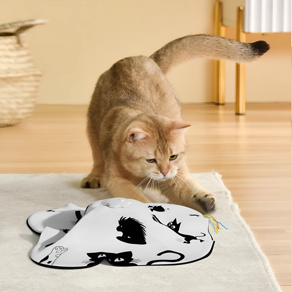 Plastic self-play cat toy with interactive mechanism measuring 19.8x11.5x19.5cm