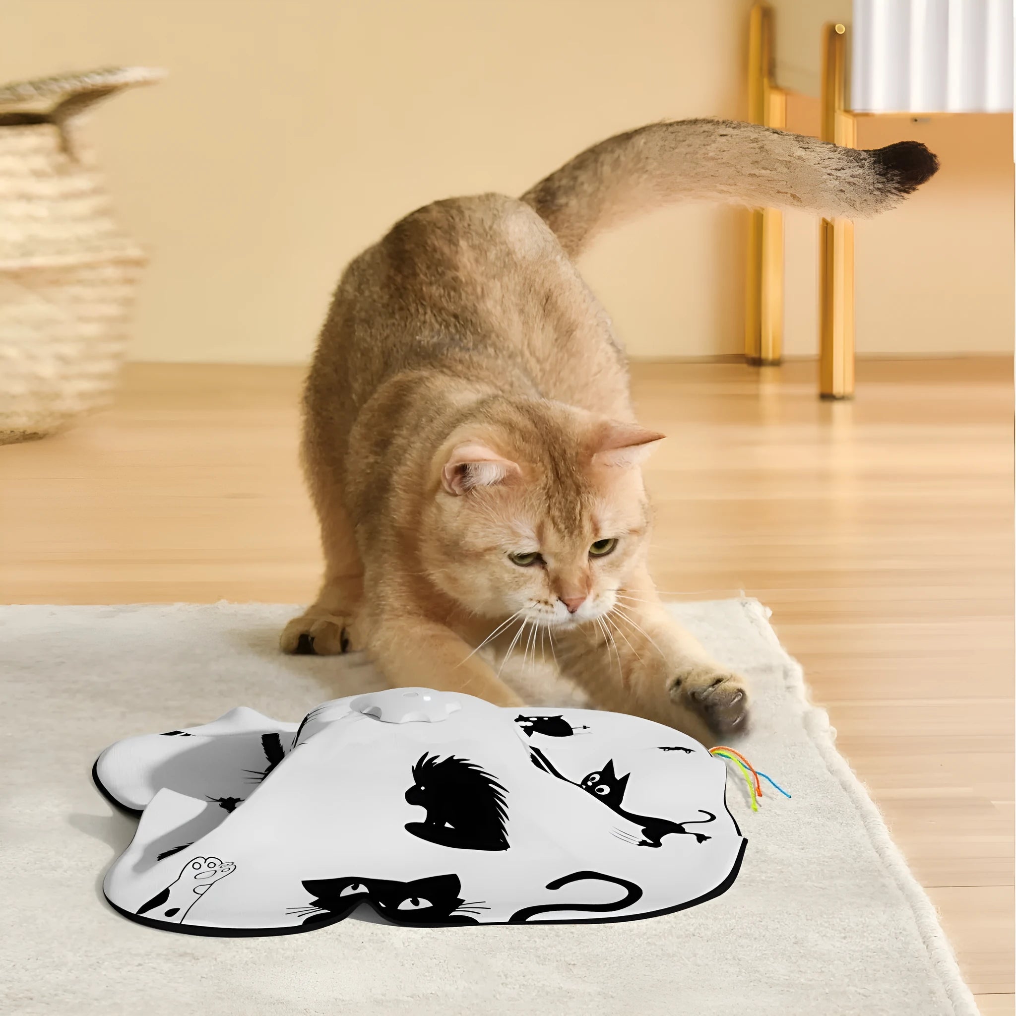 Plastic self-play cat toy with interactive mechanism measuring 19.8x11.5x19.5cm
