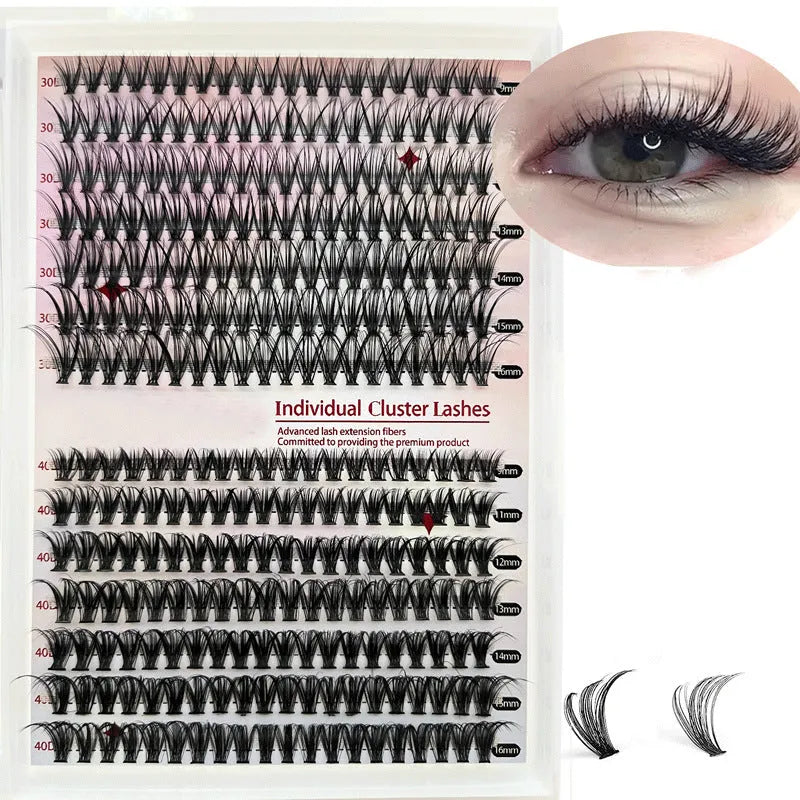 DIY cluster false eyelashes mixed package showing boxes of 30D and 40D high-grade fibre lashes in 9-16mm lengths with precision tweezers.