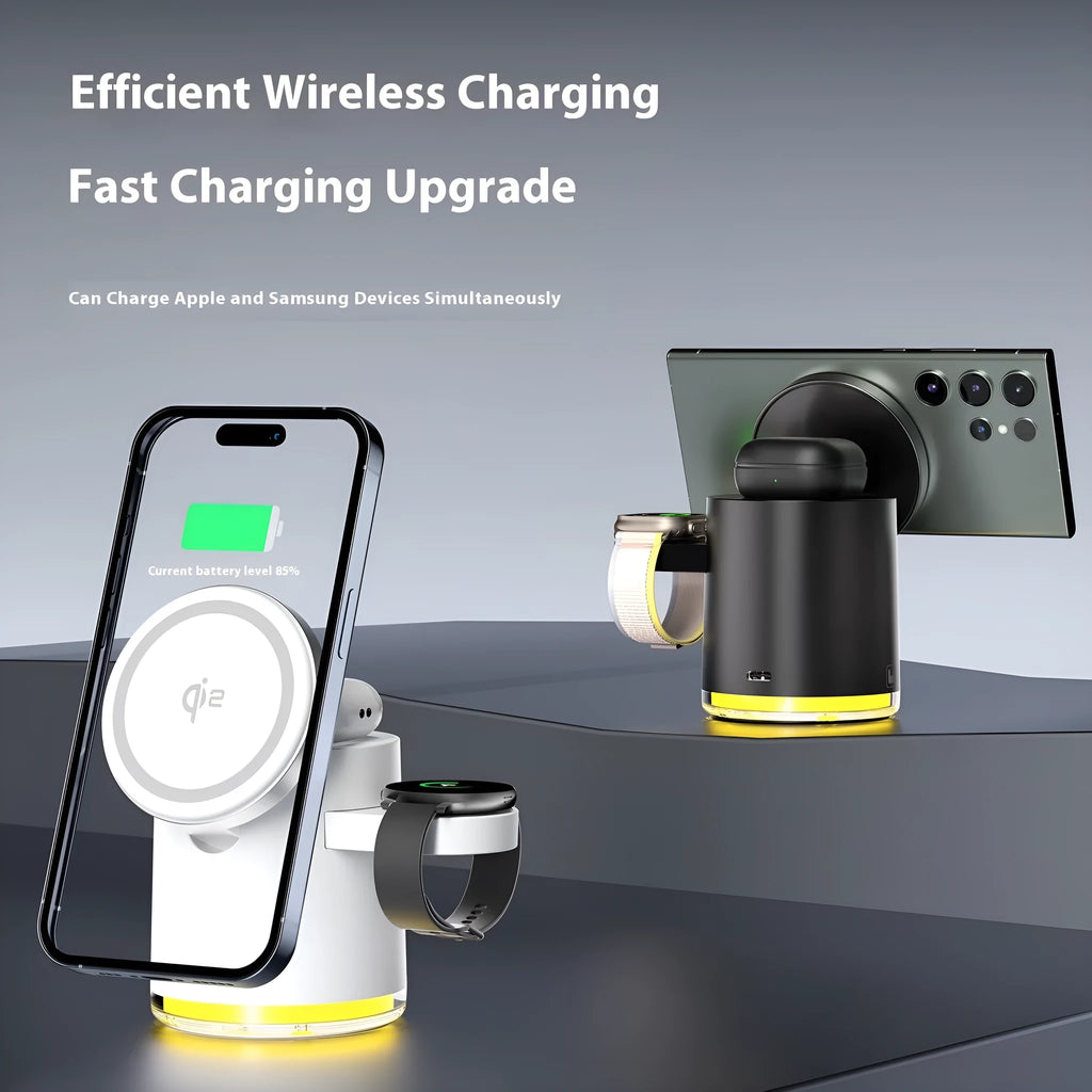 C16 portable magnetic three-in-one wireless charger in black or ivory white, folded for travel