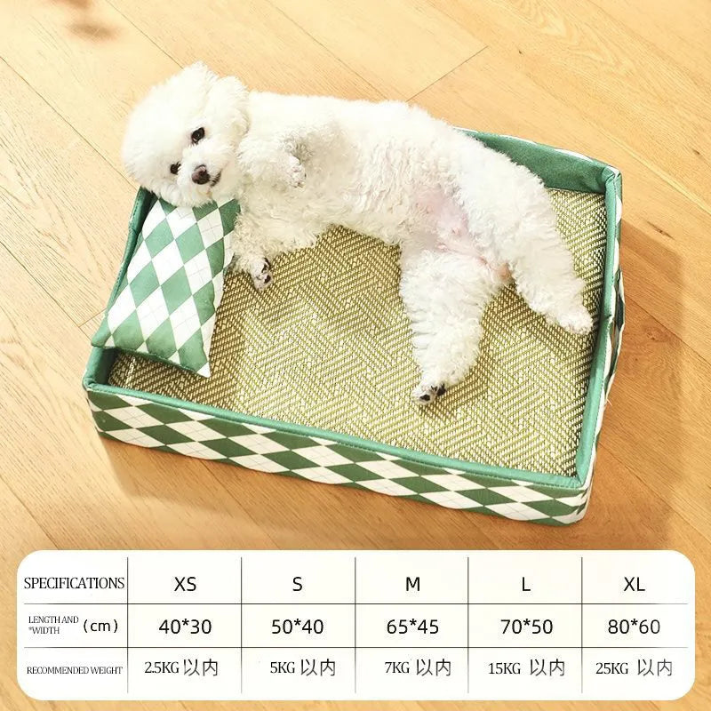 Blue rattan cat mat with anti-slip base shown in L 70x50cm size on wooden floor