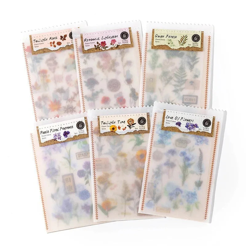 Huazhisen forest art sticker pack showing transfer paper and cotton linen sheets in literature style