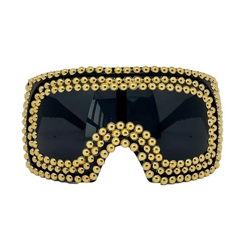 Men's punk sunglasses with super large square rim and rivet details in silver colour