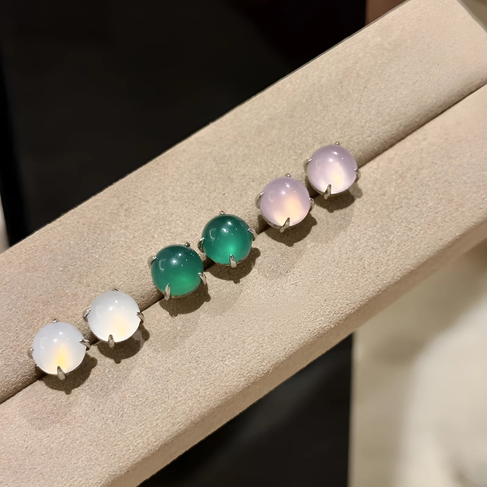 Chinese-style chalcedony stud earrings with copper four-claw settings in emerald green, pink purple, or milk white