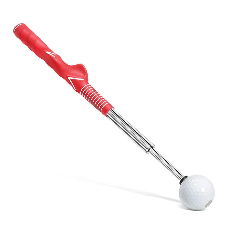 Telescopic golf swing simulator in stainless steel, shown in black, blue, and red colour options.