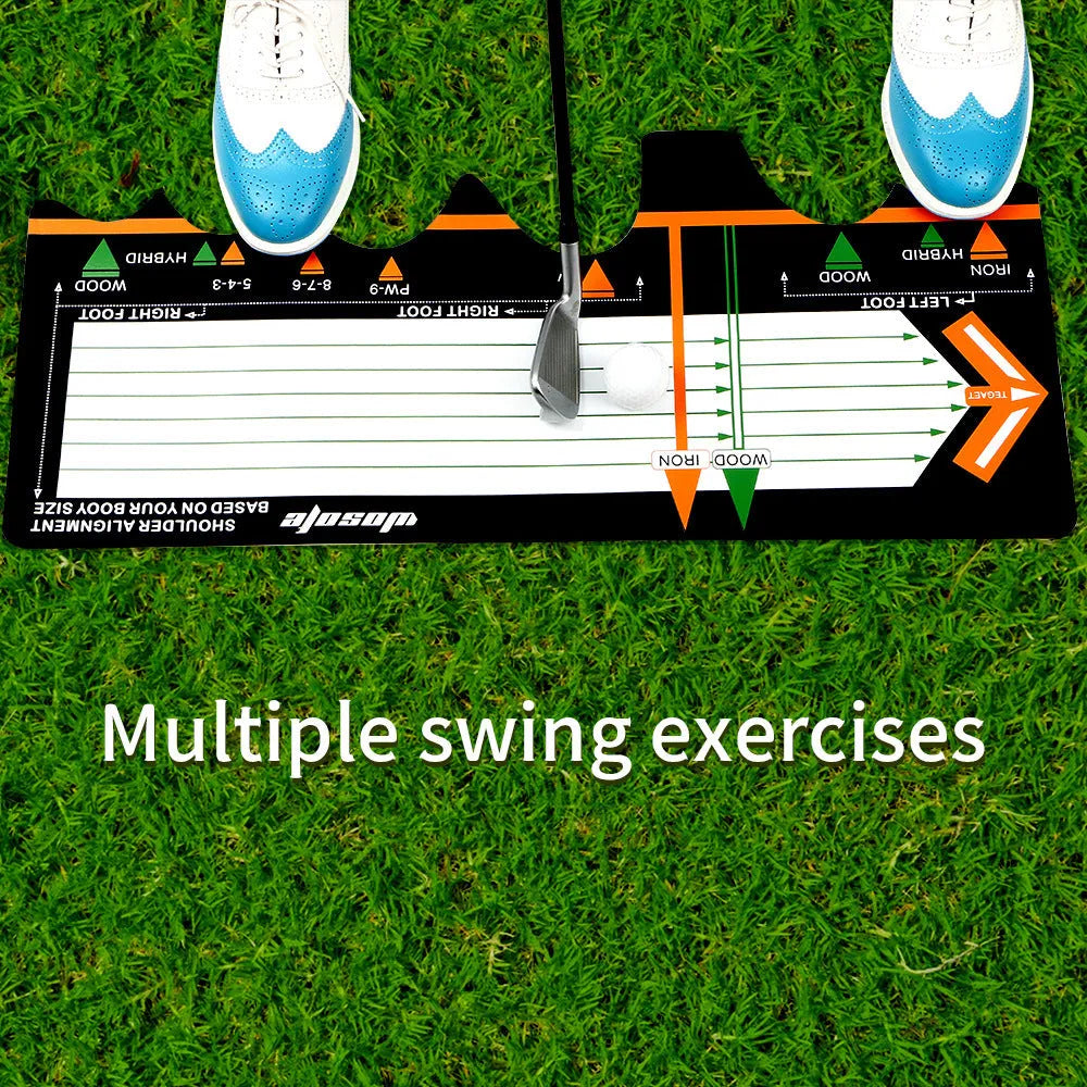 Black neoprene golf swing posture alignment mat for beginners.