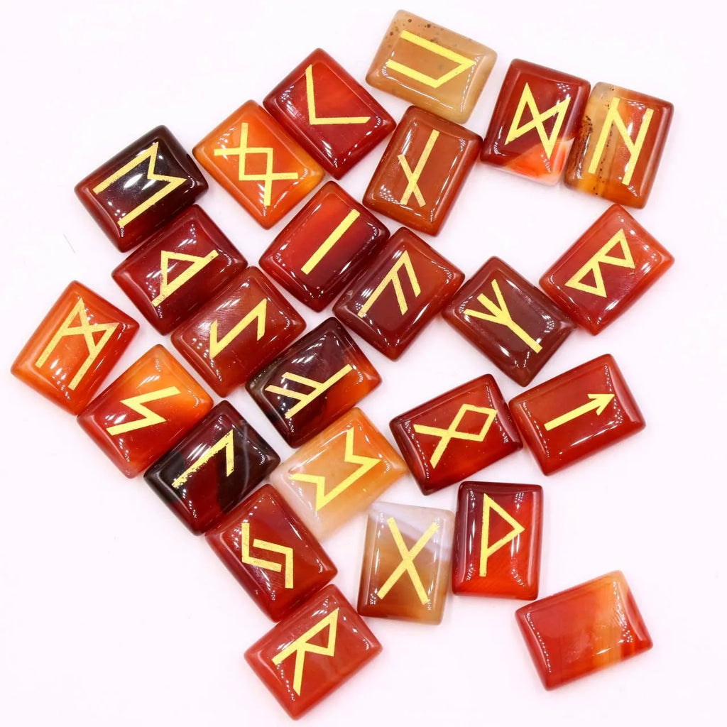 Square crystal rune ornament with THALO lettering and Luen symbol, available in Tigereye and red agate