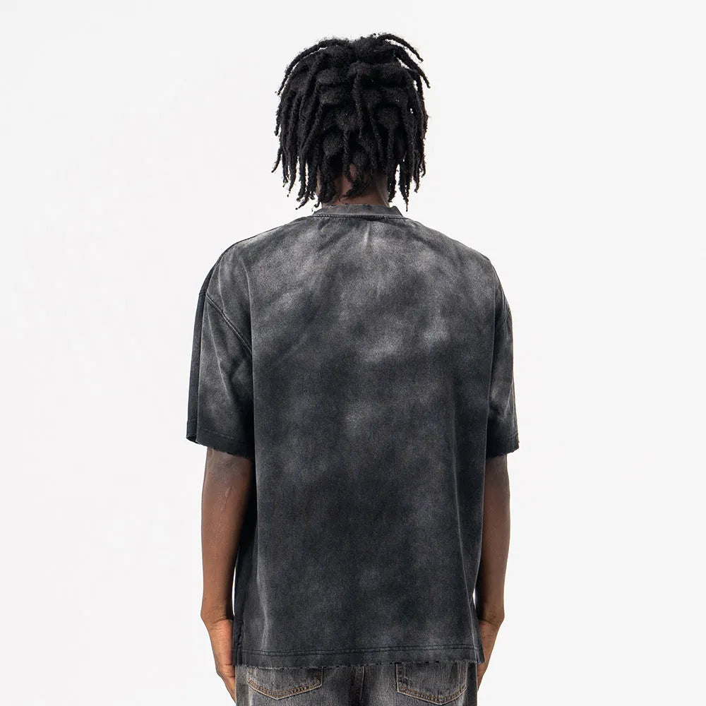 Men's black loose-fit cotton T-shirt with printed letter pattern and drop-shoulder short sleeves