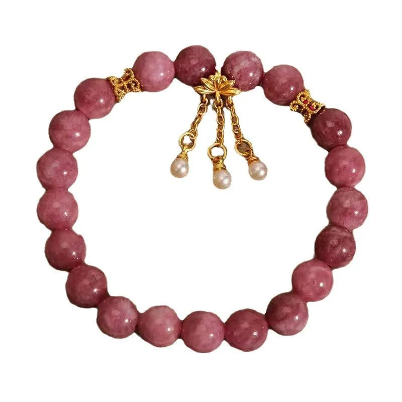 Pink lotus tassel natural stone bracelet with pearl pendant and crystal beads for women