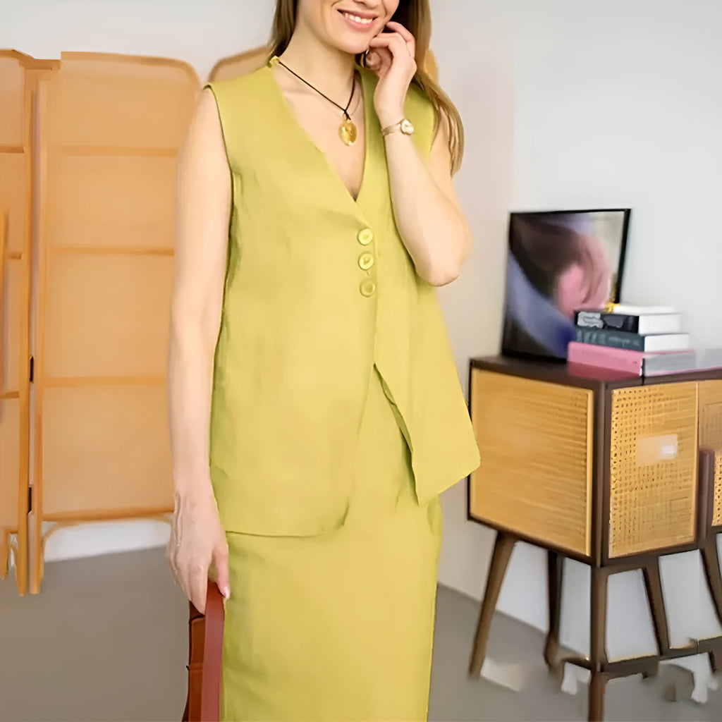 Women's blue polyester two-piece suit with sleeveless vest and long skirt on hanger