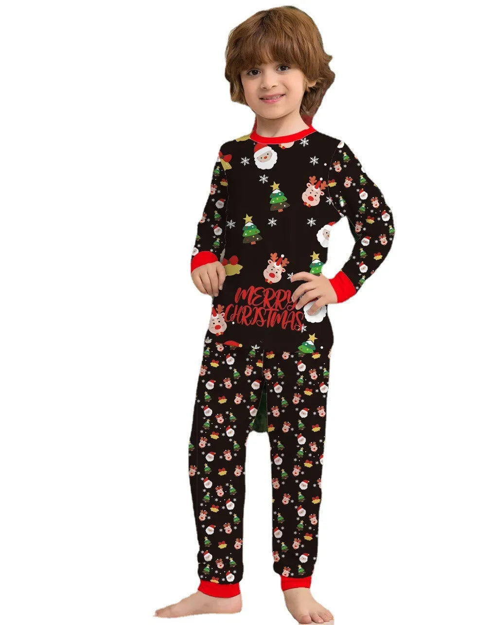 Family matching Christmas pajamas set in plaid and cartoon prints, showing adult, child, and dog sizes.