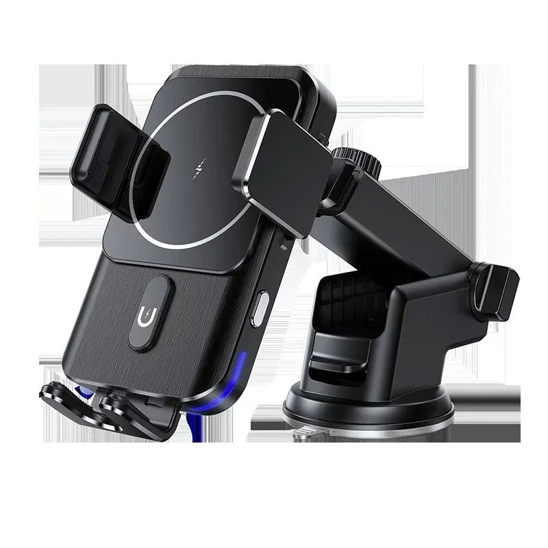 Car wireless charger phone holder with 15W charging in black with suction cup or clip mounting options