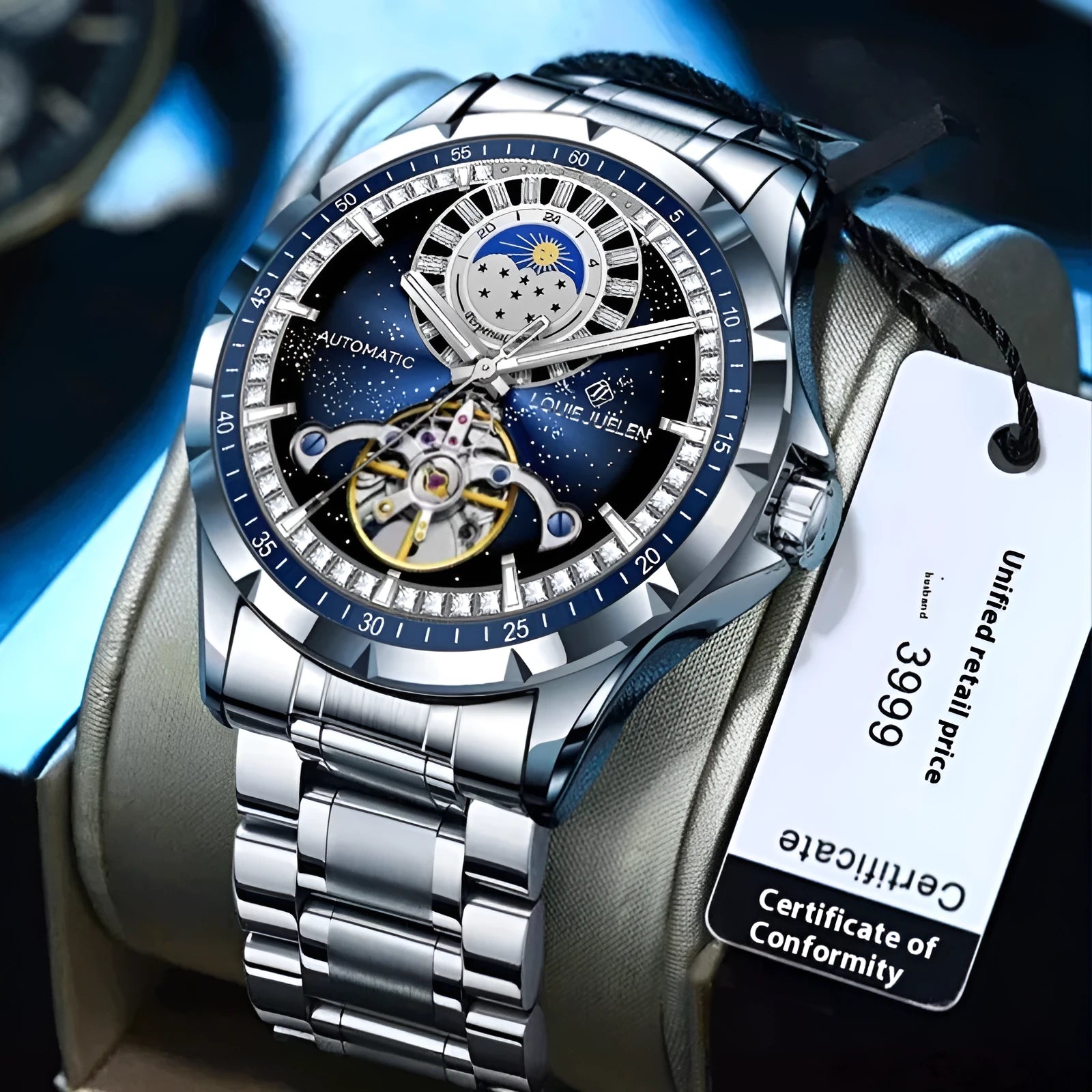 Men's silver automatic watch with blue dial and stainless steel strap