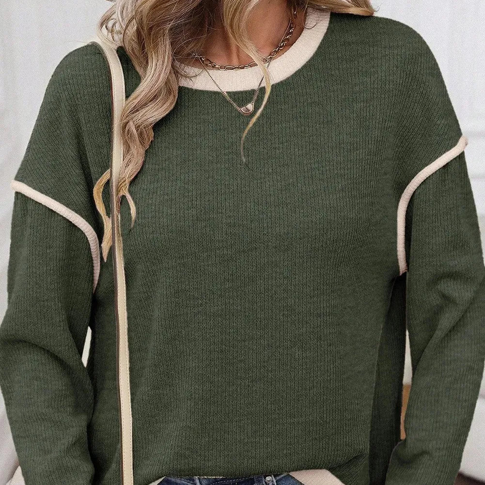 Four leaf clover contrast trim knit drop shoulder loose top in beige colour