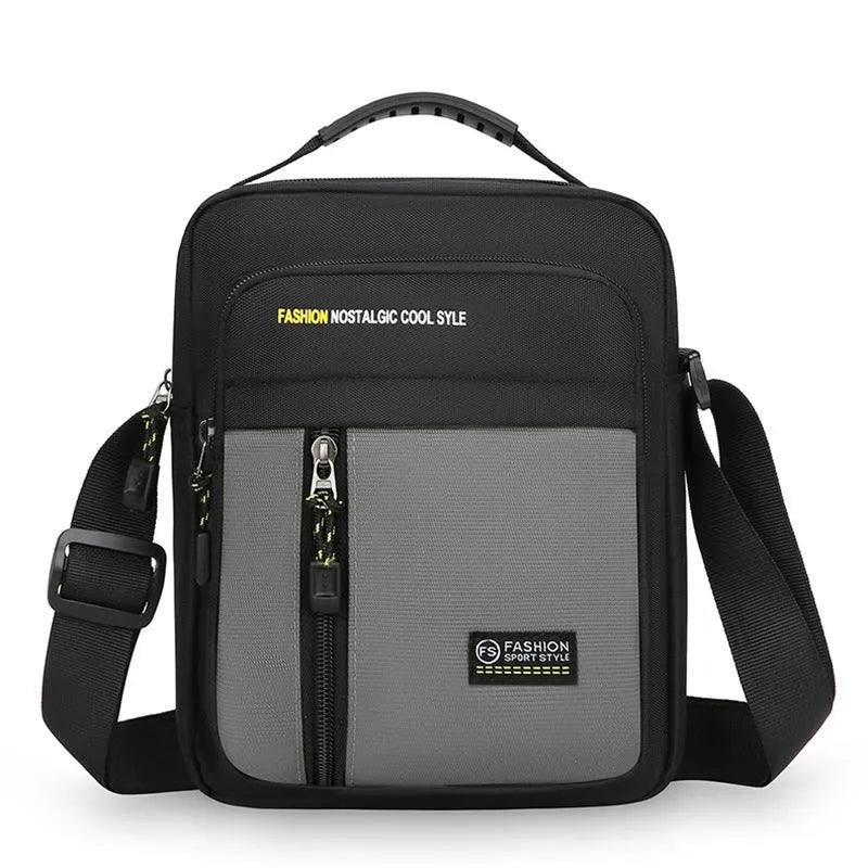 Men's casual outdoor nylon messenger bag with crossbody strap and sewing thread detailing