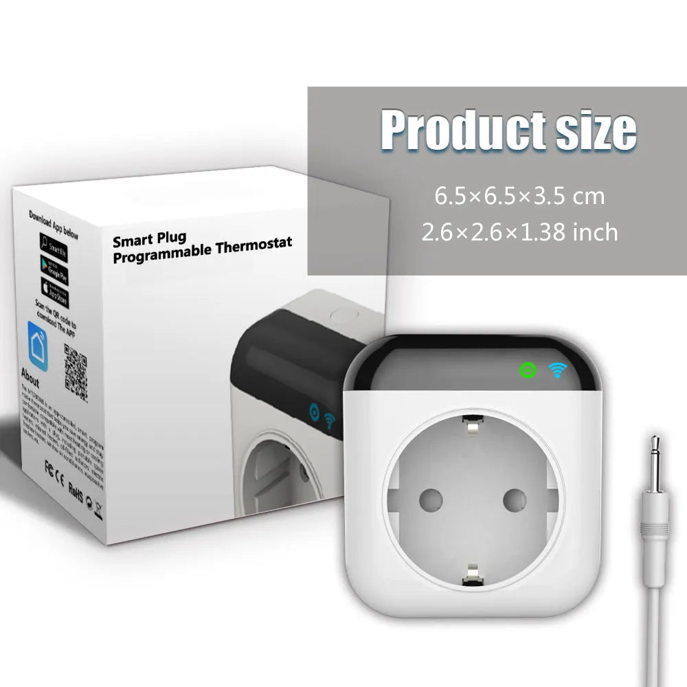 White Tuya smart socket with temperature probe, US 3-pin outlet, WiFi enabled for remote control