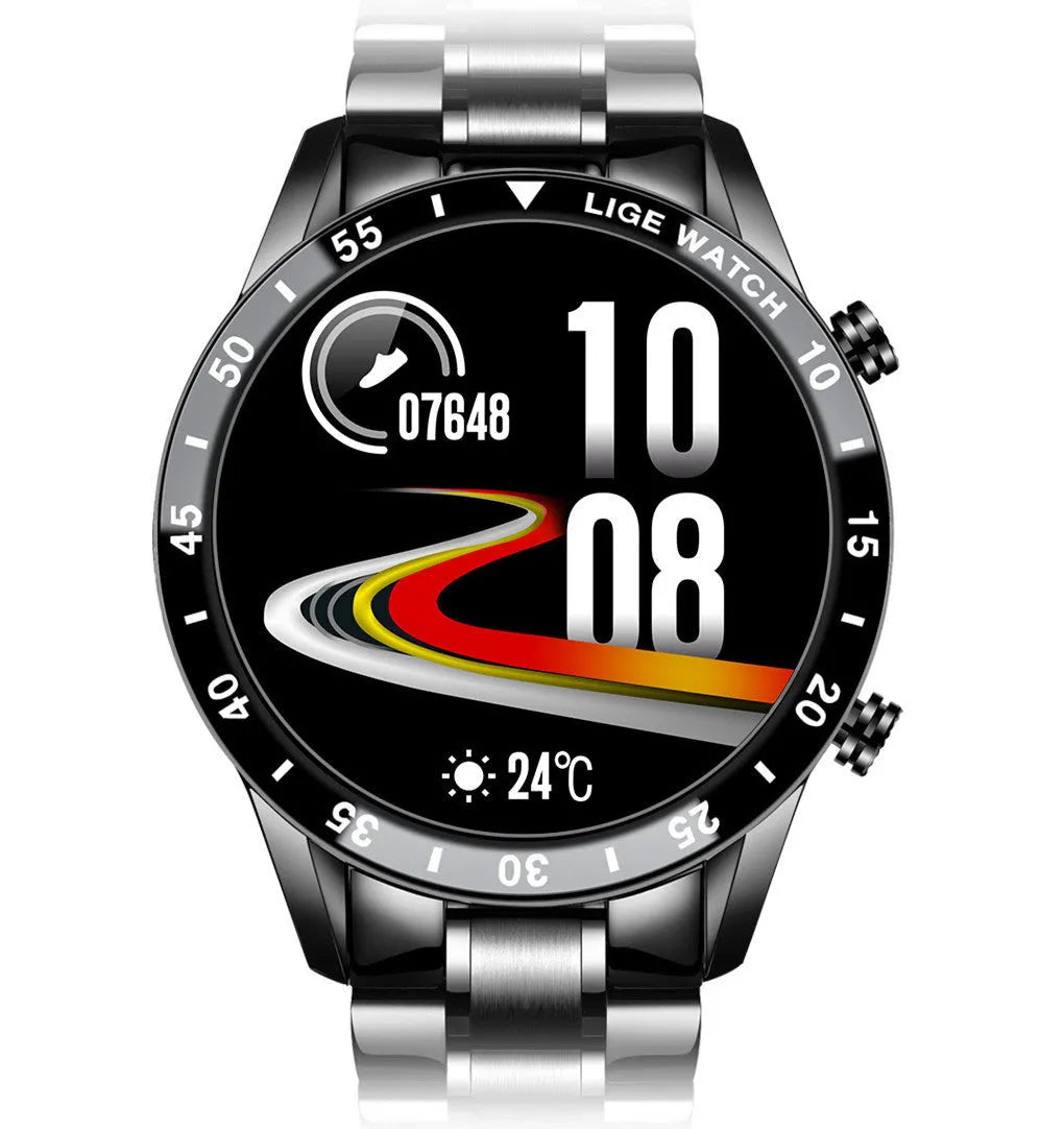 Smart watch with stainless steel wristband and 1.3 inch touch screen display in black or silver colour