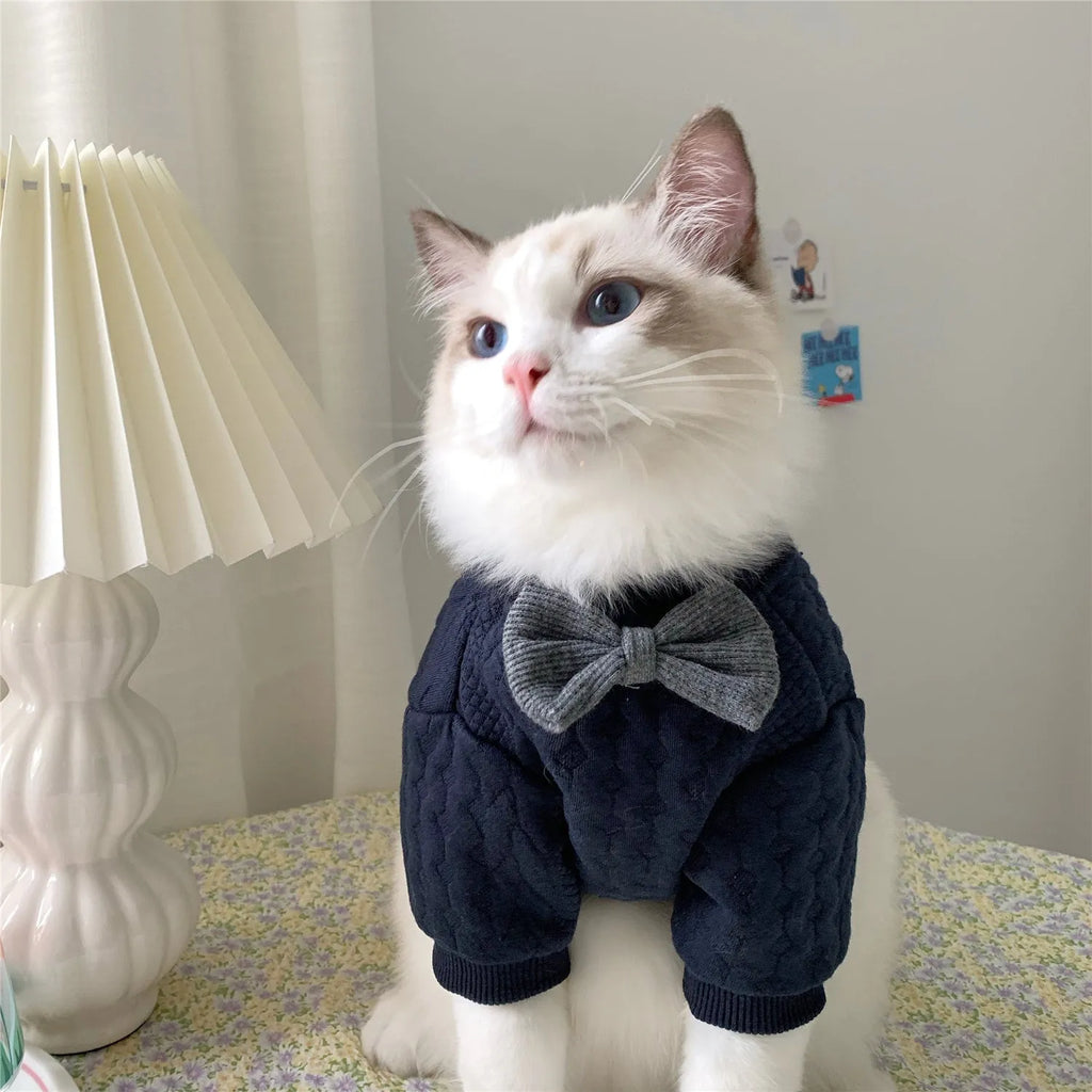 Navy blue pet clothes for small dogs and cats, sizes XS to XL, with chest and back measurements shown.