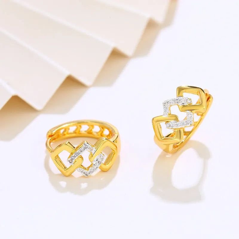 Geometric hollow out gold electroplated alloy earrings with colour separation ear clip design