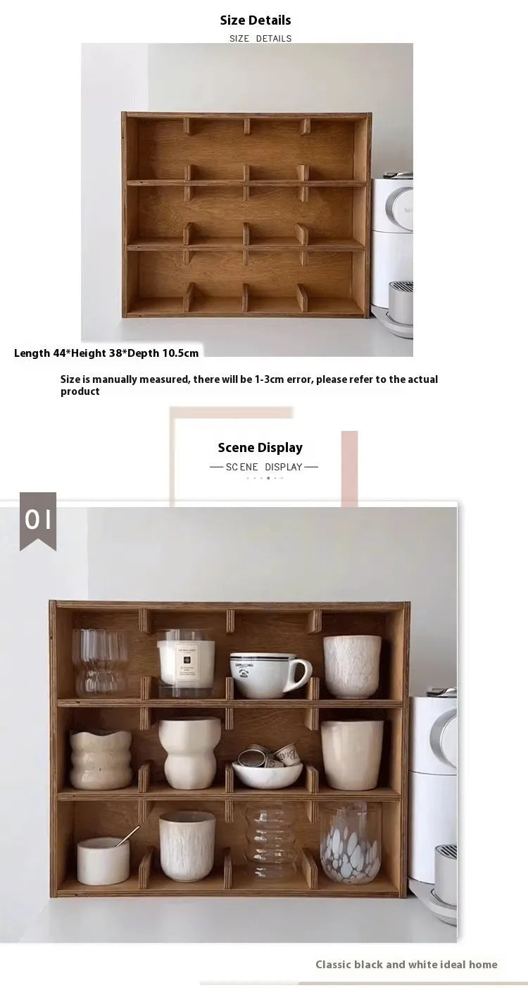 Square birch wood cup storage rack with multiple grid compartments for kitchen organisation